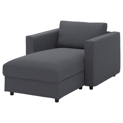VIMLE dark grey chair, modern designed with soft fabric, angled chair back and armrest.