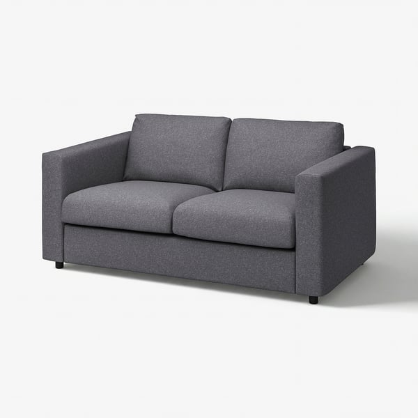 VIMLE grey sofa, modern, boxy shape, 2-seater, dark grey upholstery.