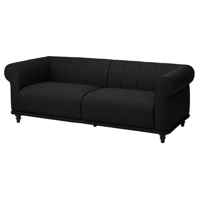 Black VISKAFORS sofa, round arms, deep seat, classic design, cotton-polyester upholstery.