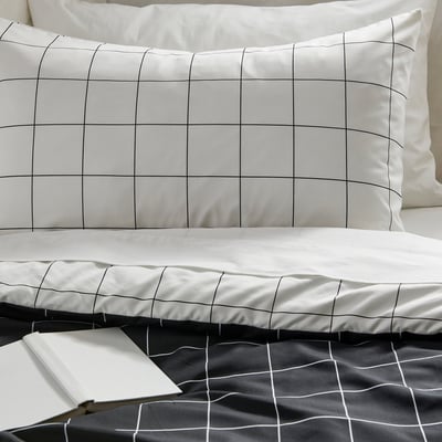 VITKLÖVER Comforter set, white black/check, Twin/Twin X-long