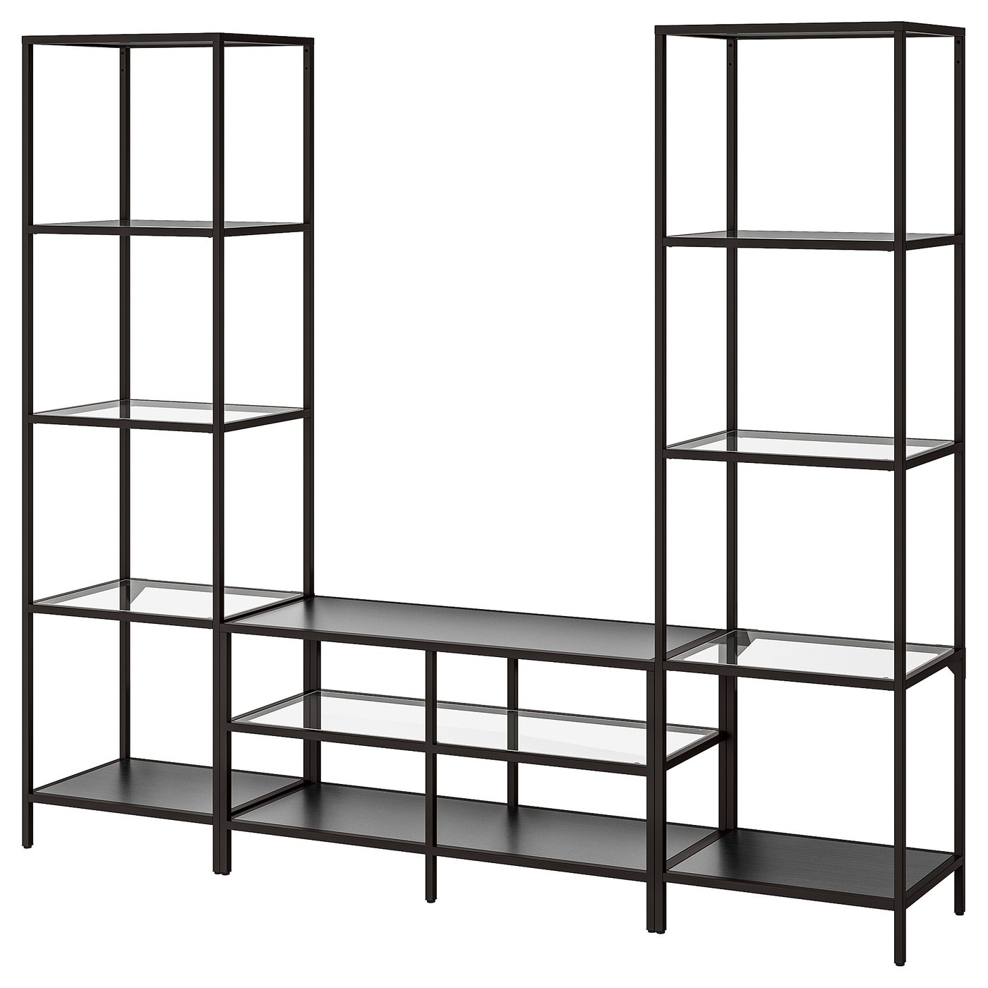 VITTSJÖ TV storage combination, blackbrown/glass, 202x36x175 cm (791