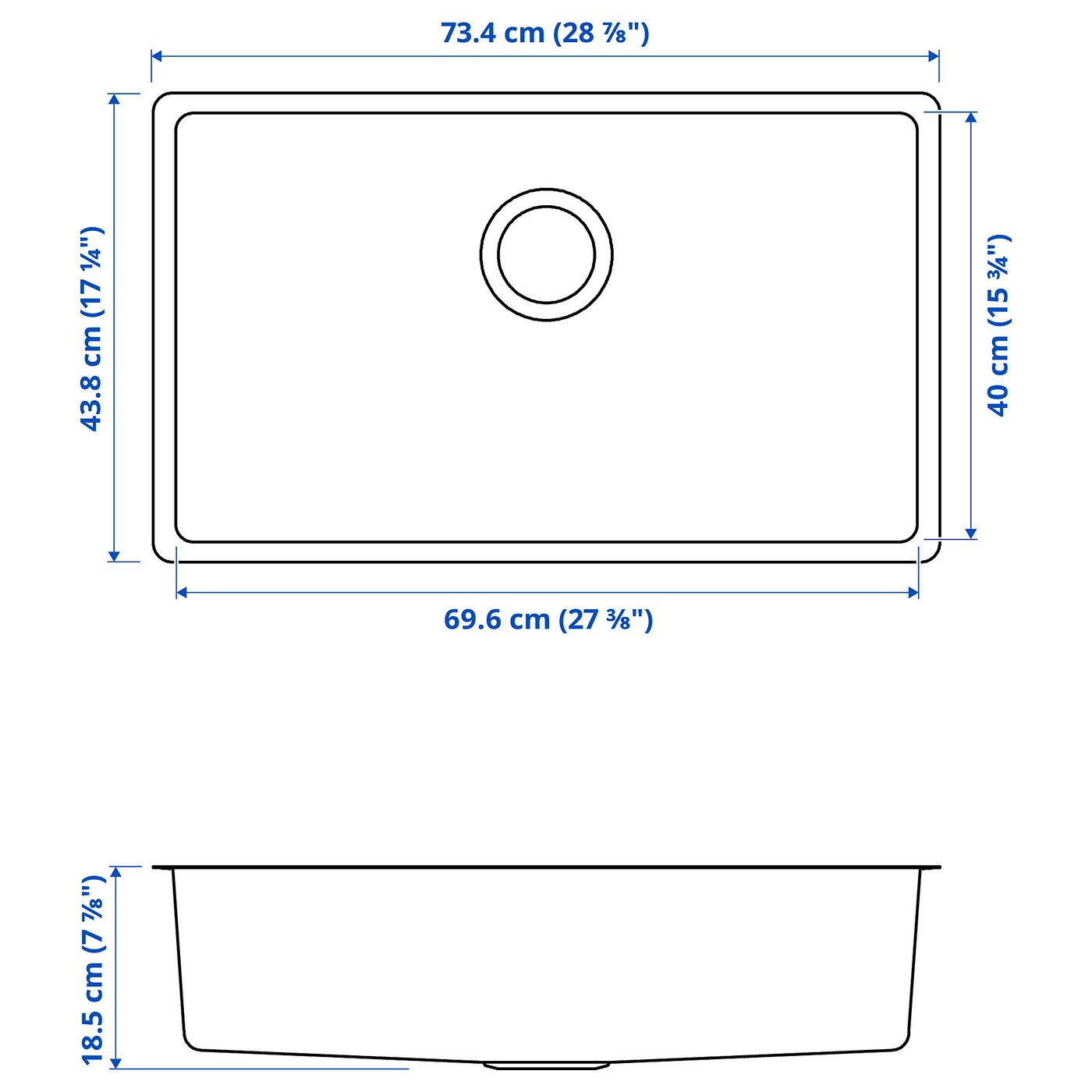 VRESJÖN sink, stainless steel, 73x44 cm (287/8x171/4