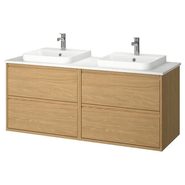 ÄNGSJÖN / BACKSJÖN Mbles-lavabo/lav semi-enc/mitigeurs, eff chêne/blanc marbré, 61x21 1/2x28 1/4 "