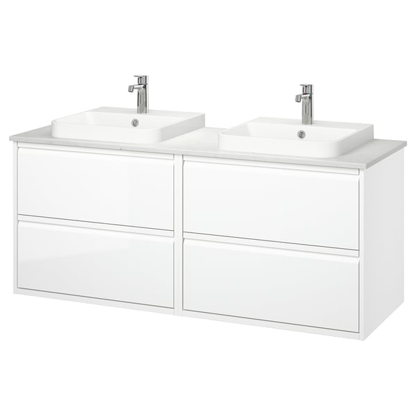 ÄNGSJÖN / BACKSJÖN Mbles-lavabo/lav semi-enc/mitigeurs, ultrabrillant blanc/blanc marbré, 61x21 1/2x28 1/4 "