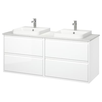 ÄNGSJÖN / BACKSJÖN Mbles-lavabo/lav semi-enc/mitigeurs, ultrabrillant blanc/blanc marbré, 61x21 1/2x28 1/4 "