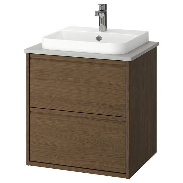 ÄNGSJÖN / BACKSJÖN Meuble à tiroirs/lavabo/mitigeur, brun eff chêne/gris eff pierre, 25x21 1/2x28 1/4 "