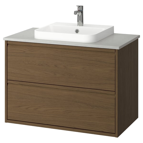 ÄNGSJÖN / BACKSJÖN Meuble à tiroirs/lavabo/mitigeur, brun eff chêne/gris eff pierre, 37x21 1/2x28 1/4 "