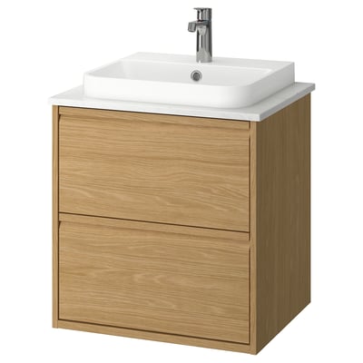 ÄNGSJÖN / BACKSJÖN Meuble à tiroirs/lavabo/mitigeur, eff chêne/blanc marbré, 25x21 1/2x28 1/4 "