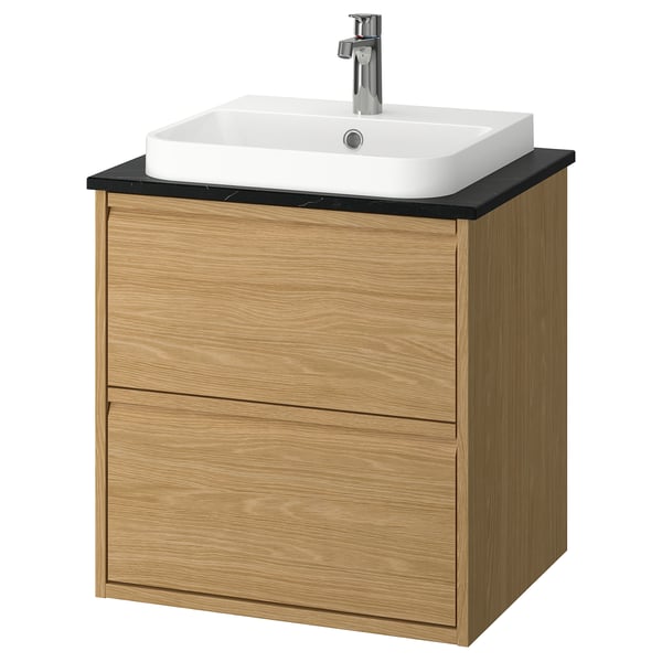 ÄNGSJÖN / BACKSJÖN Meuble à tiroirs/lavabo/mitigeur, eff chêne/noir marbré, 25x21 1/2x28 1/4 "