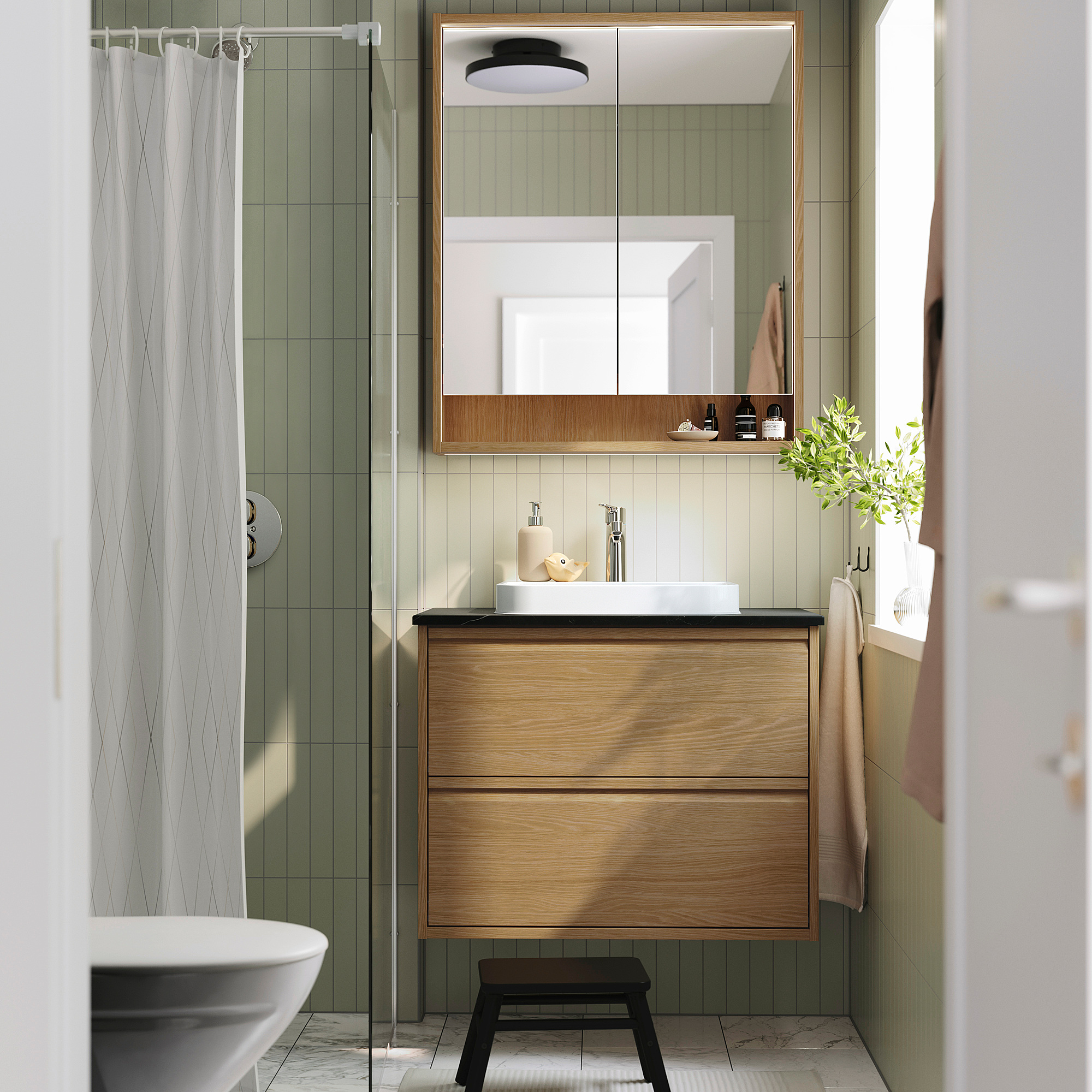 ÄNGSJÖN / BACKSJÖN Meuble à tiroirs/lavabo/mitigeur, eff chêne/noir marbré, 31x21 1/2x28 1/4 "