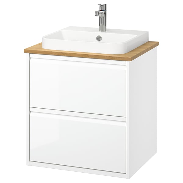 ÄNGSJÖN / BACKSJÖN Meuble à tiroirs/lavabo/mitigeur, ultrabrillant blanc/bambou, 25x21 1/2x28 1/4 "