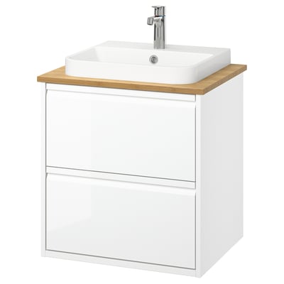 ÄNGSJÖN / BACKSJÖN Meuble à tiroirs/lavabo/mitigeur, ultrabrillant blanc/bambou, 25x21 1/2x28 1/4 "