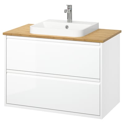 ÄNGSJÖN / BACKSJÖN Meuble à tiroirs/lavabo/mitigeur, ultrabrillant blanc/bambou, 37x21 1/2x28 1/4 "