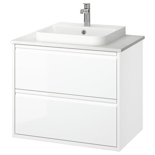 ÄNGSJÖN / BACKSJÖN Meuble à tiroirs/lavabo/mitigeur, ultrabrillant blanc/blanc marbré, 31x21 1/2x28 1/4 "