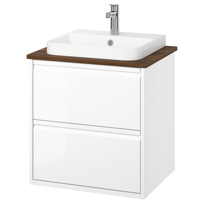 ÄNGSJÖN / BACKSJÖN Meuble à tiroirs/lavabo/mitigeur, ultrabrillant blanc/brun effet noyer, 25x21 1/2x28 1/4 "