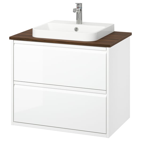 ÄNGSJÖN / BACKSJÖN Meuble à tiroirs/lavabo/mitigeur, ultrabrillant blanc/brun effet noyer, 31x21 1/2x28 1/4 "