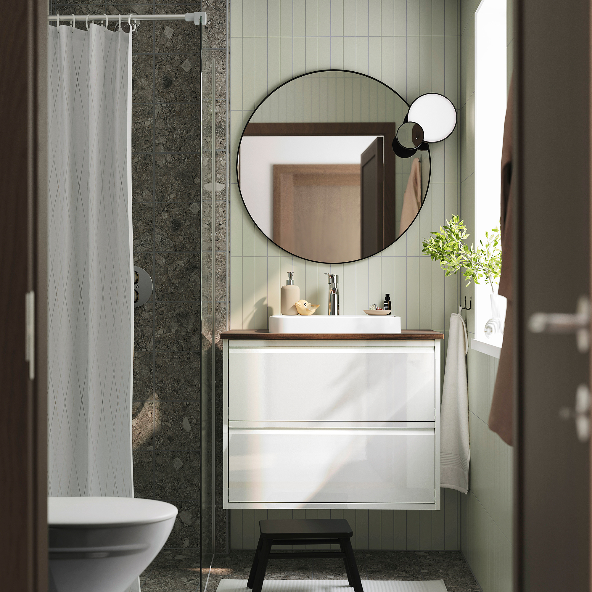 ÄNGSJÖN / BACKSJÖN Meuble à tiroirs/lavabo/mitigeur, ultrabrillant blanc/brun effet noyer, 31x21 1/2x28 1/4 "