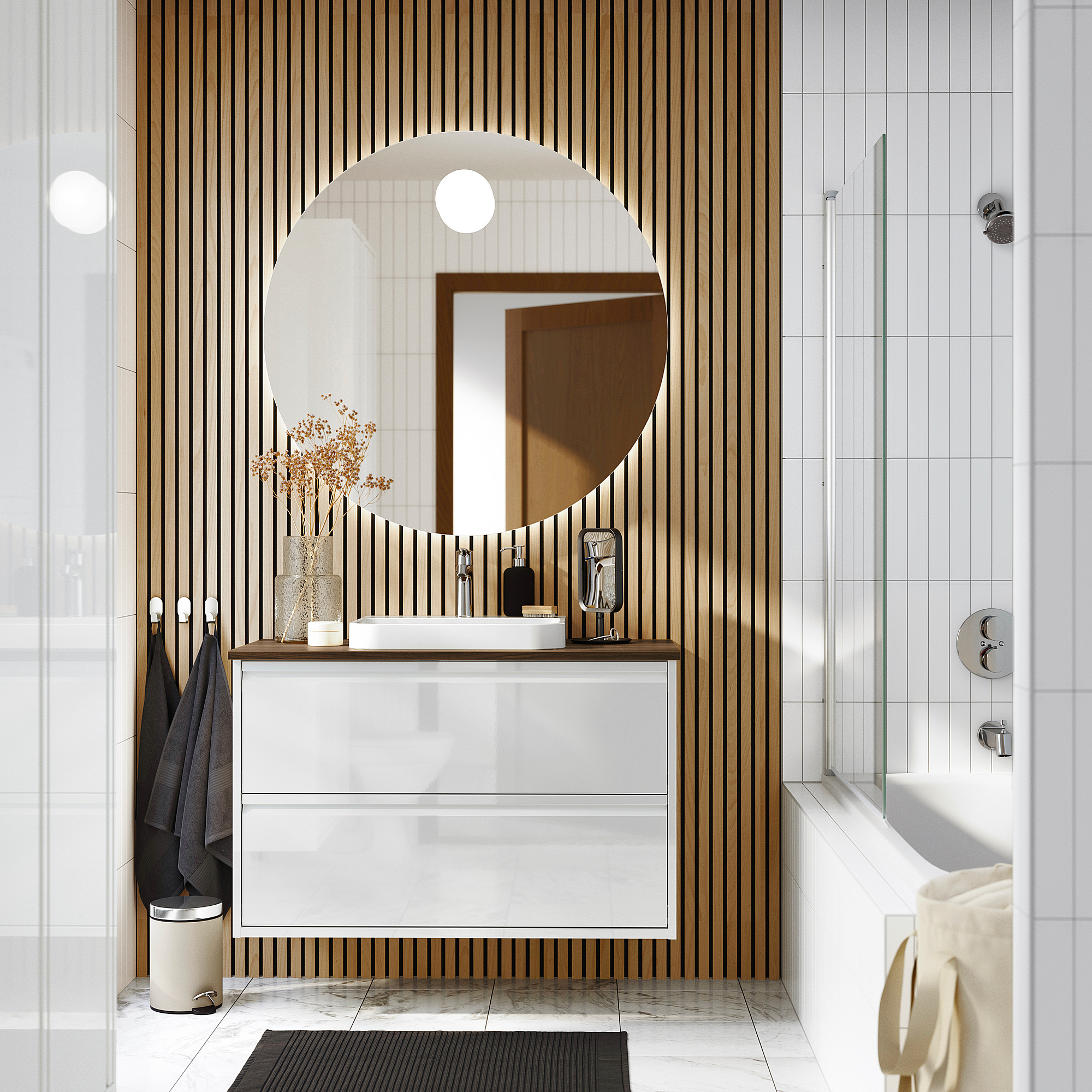 ÄNGSJÖN / BACKSJÖN Meuble à tiroirs/lavabo/mitigeur, ultrabrillant blanc/brun effet noyer, 37x21 1/2x28 1/4 "