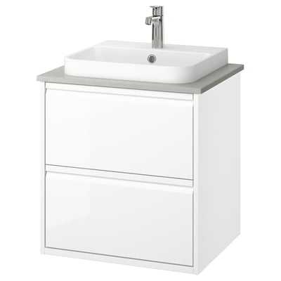 ÄNGSJÖN / BACKSJÖN Meuble à tiroirs/lavabo/mitigeur, ultrabrillant blanc/gris eff pierre, 25x21 1/2x28 1/4 "