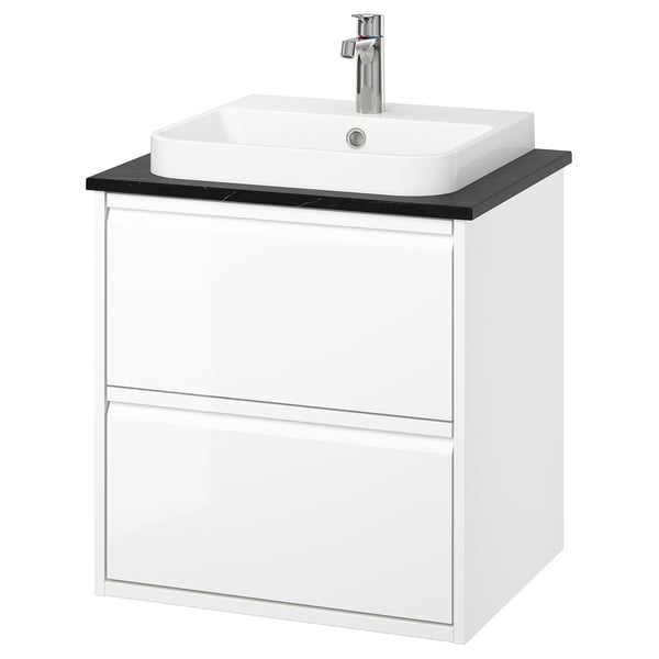 ÄNGSJÖN / BACKSJÖN Meuble à tiroirs/lavabo/mitigeur, ultrabrillant blanc/noir marbré, 25x21 1/2x28 1/4 "
