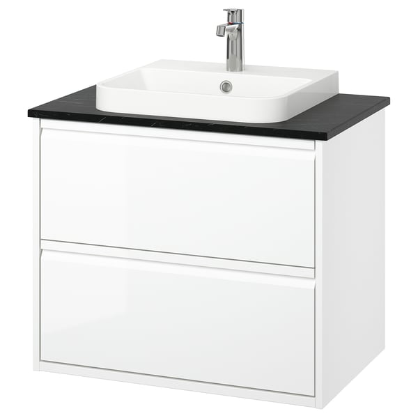 ÄNGSJÖN / BACKSJÖN Meuble à tiroirs/lavabo/mitigeur, ultrabrillant blanc/noir marbré, 31x21 1/2x28 1/4 "