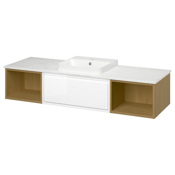 ÄNGSJÖN / BACKSJÖN Meuble de sdb avec lavabo, blanc brillant/effet chêne/blanc marbré, 67x21 1/2x16 1/4 "