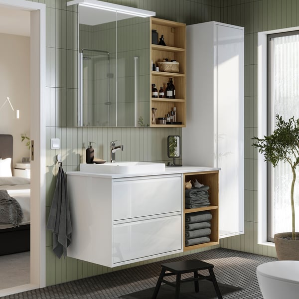 ÄNGSJÖN / BACKSJÖN Meuble de sdb avec lavabo, blanc brillant/effet chêne/blanc marbré, 49x21 1/2x28 1/4 "