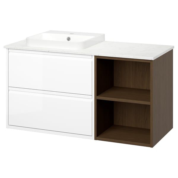 ÄNGSJÖN / BACKSJÖN Meuble de sdb avec lavabo, blanc brillant/effet chêne brun/blanc marbré, 49x21 1/2x28 1/4 "