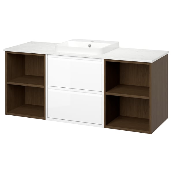 ÄNGSJÖN / BACKSJÖN Meuble de sdb avec lavabo, blanc brillant/effet chêne brun/blanc marbré, 61x21 1/2x28 1/4 "