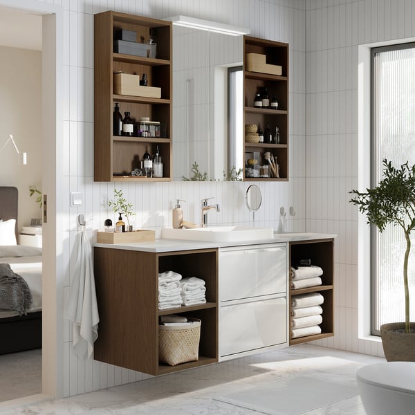 ÄNGSJÖN / BACKSJÖN Meuble de sdb avec lavabo, blanc brillant/effet chêne brun/blanc marbré, 61x21 1/2x28 1/4 "