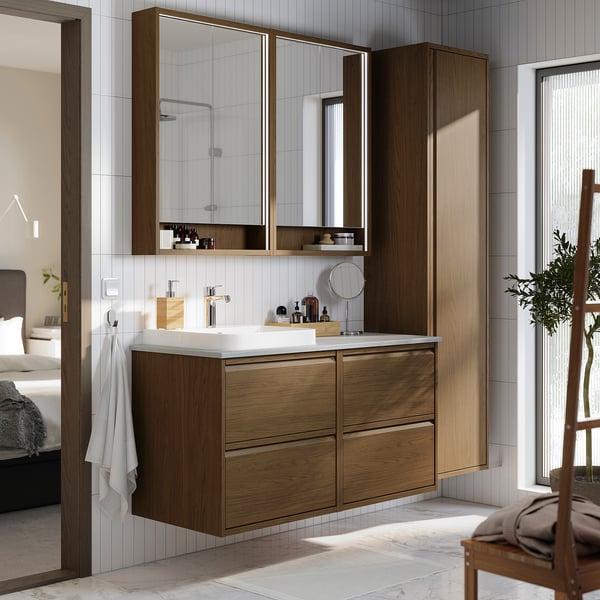 ÄNGSJÖN / BACKSJÖN Meuble de sdb avec lavabo, brun eff chêne/gris eff pierre, 49x21 1/2x28 1/4 "