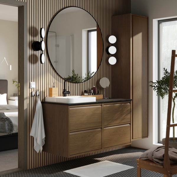 ÄNGSJÖN / BACKSJÖN Meuble de sdb avec lavabo, brun eff chêne/noir marbré, 49x21 1/2x28 1/4 "
