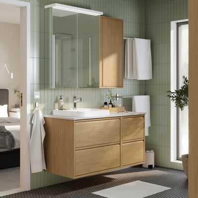 ÄNGSJÖN / BACKSJÖN Meuble de sdb avec lavabo, eff chêne/blanc marbré, 49x21 1/2x28 1/4 "