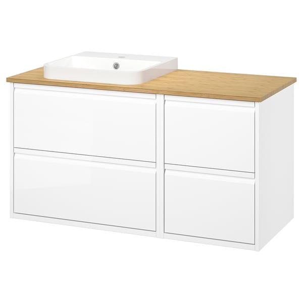 ÄNGSJÖN / BACKSJÖN Meuble de sdb avec lavabo, ultrabrillant blanc/bambou, 49x21 1/2x28 1/4 "