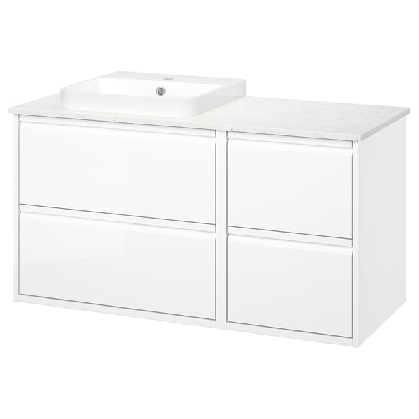 ÄNGSJÖN / BACKSJÖN Meuble de sdb avec lavabo, ultrabrillant blanc/blanc marbré, 49x21 1/2x28 1/4 "