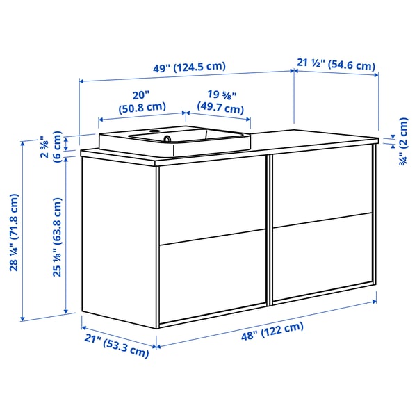 ÄNGSJÖN / BACKSJÖN Meuble de sdb avec lavabo, ultrabrillant blanc/brun effet noyer, 49x21 1/2x28 1/4 "