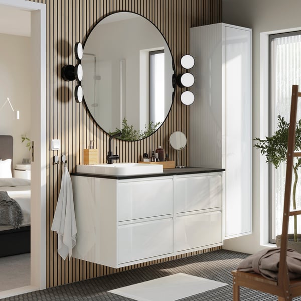 ÄNGSJÖN / BACKSJÖN Meuble de sdb avec lavabo, ultrabrillant blanc/noir marbré, 49x21 1/2x28 1/4 "
