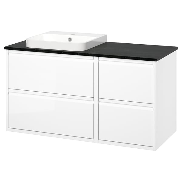 ÄNGSJÖN / BACKSJÖN Meuble de sdb avec lavabo, ultrabrillant blanc/noir marbré, 49x21 1/2x28 1/4 "