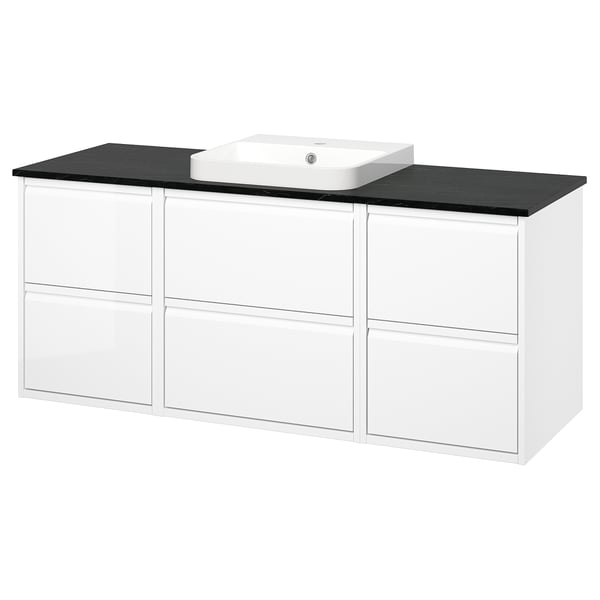 ÄNGSJÖN / BACKSJÖN Meuble de sdb avec lavabo, ultrabrillant blanc/noir marbré, 61x21 1/2x28 1/4 "
