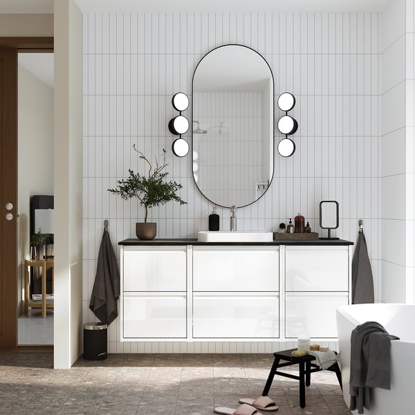 ÄNGSJÖN / BACKSJÖN Meuble de sdb avec lavabo, ultrabrillant blanc/noir marbré, 61x21 1/2x28 1/4 "