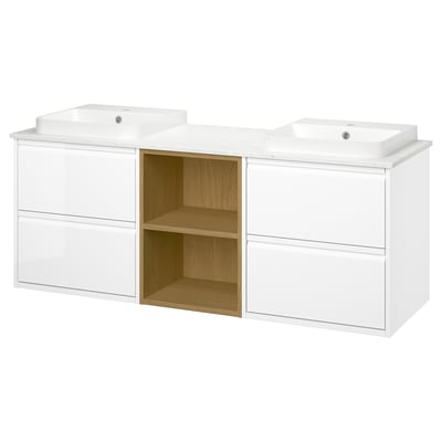 ÄNGSJÖN / BACKSJÖN Meuble de sdb avec lavabos, blanc brillant/effet chêne/blanc marbré, 67x21 1/2x28 1/4 "