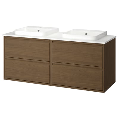 ÄNGSJÖN / BACKSJÖN Meuble de sdb avec lavabos, brun eff chêne/blanc marbré, 61x21 1/2x28 1/4 "