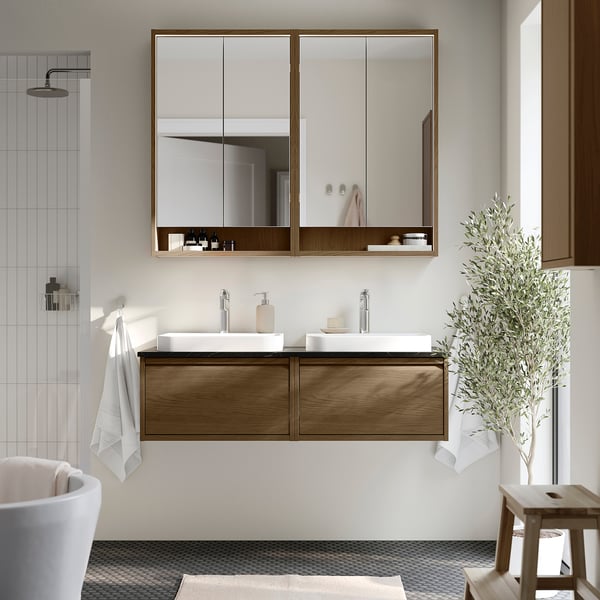ÄNGSJÖN / BACKSJÖN Meuble de sdb avec lavabos, brun eff chêne/noir marbré, 49x21 1/2x16 1/4 "