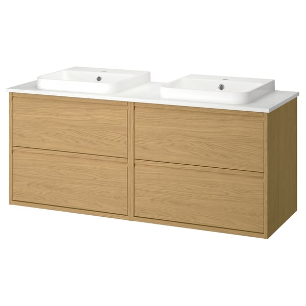 ÄNGSJÖN / BACKSJÖN Meuble de sdb avec lavabos, eff chêne/blanc marbré, 61x21 1/2x28 1/4 "