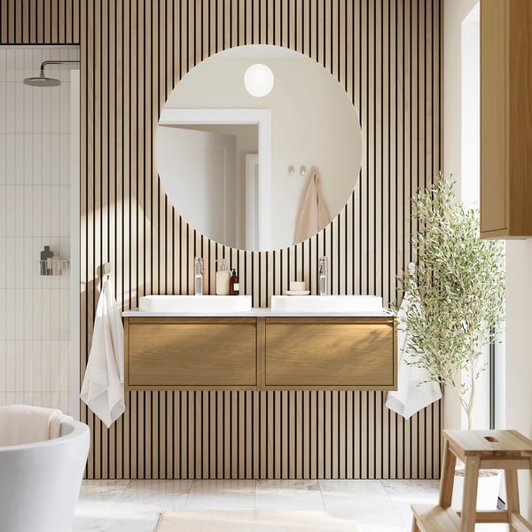 ÄNGSJÖN / BACKSJÖN Meuble de sdb avec lavabos, eff chêne/blanc marbré, 49x21 1/2x16 1/4 "