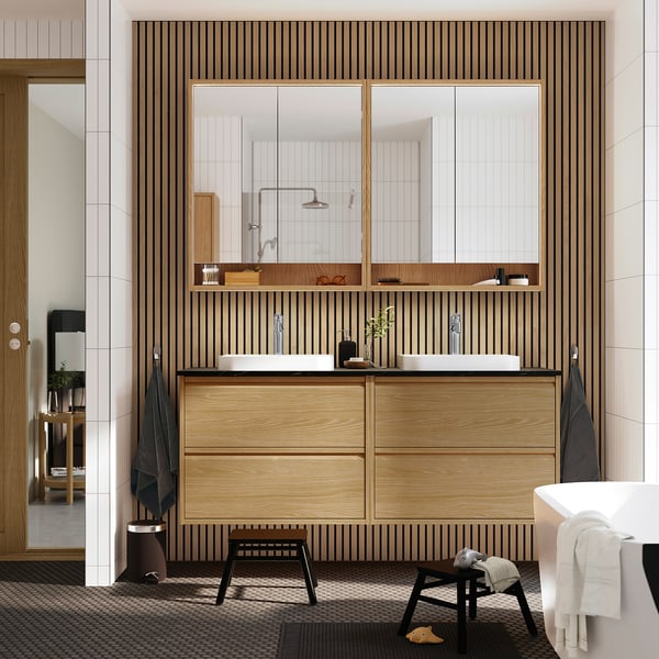 ÄNGSJÖN / BACKSJÖN Meuble de sdb avec lavabos, eff chêne/noir marbré, 61x21 1/2x28 1/4 "