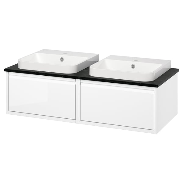 ÄNGSJÖN / BACKSJÖN Meuble de sdb avec lavabos, ultrabrillant blanc/noir marbré, 49x21 1/2x16 1/4 "