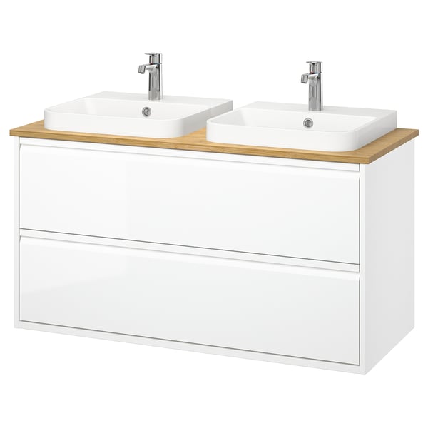 ÄNGSJÖN / BACKSJÖN Meuble-lav à tiroirs/lav/mitigeurs, ultrabrillant blanc/bambou, 49x21 1/2x28 1/4 "