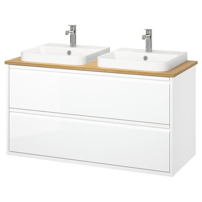 ÄNGSJÖN / BACKSJÖN Meuble-lav à tiroirs/lav/mitigeurs, ultrabrillant blanc/bambou, 49x21 1/2x28 1/4 "