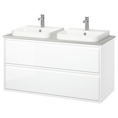 ÄNGSJÖN / BACKSJÖN Meuble-lav à tiroirs/lav/mitigeurs, ultrabrillant blanc/gris eff pierre, 49x21 1/2x28 1/4 "